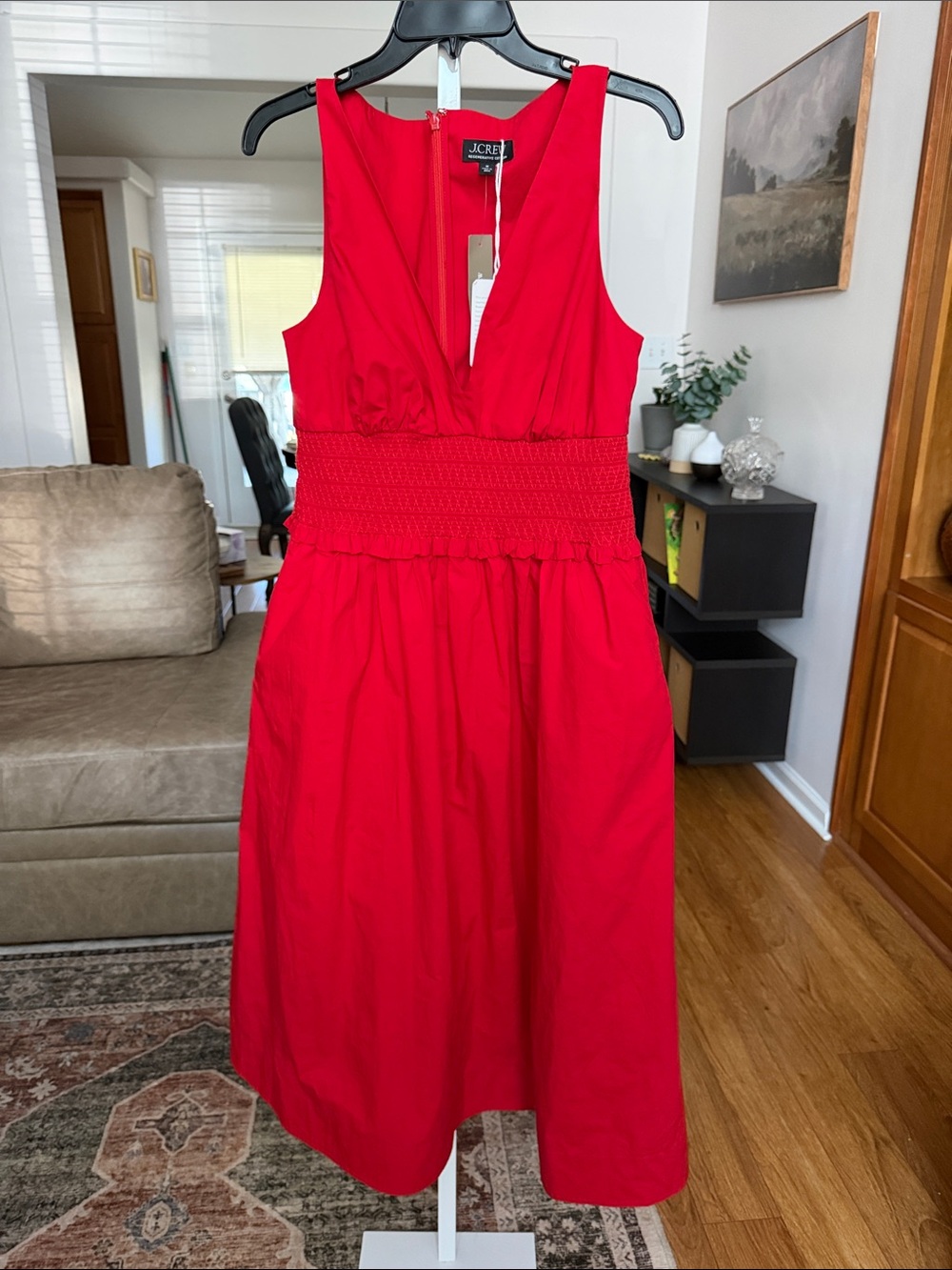 J. Crew Bright Red Sleeveless Midi Dress with Smocked Waist Size Medium NWT